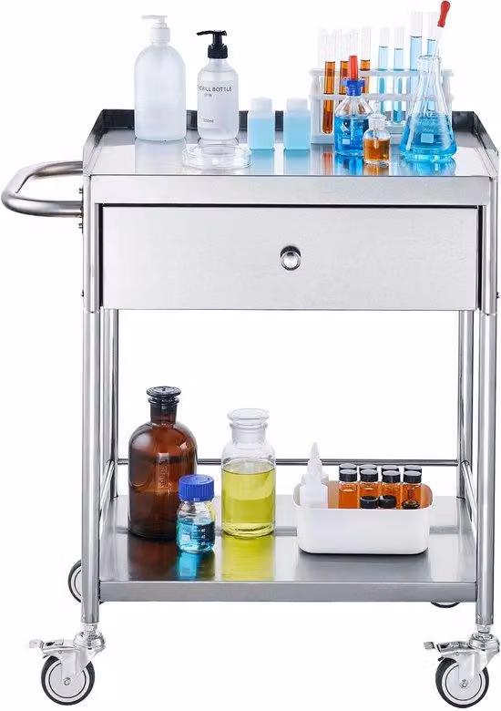 Carrello di lavoro in acciaio inossidabile, a 2 ripiani, con una capacità di 220 libbre, dotato di ruote girevoli a 360° e adatto per l'uso in laboratori, cliniche, cucine e saloni