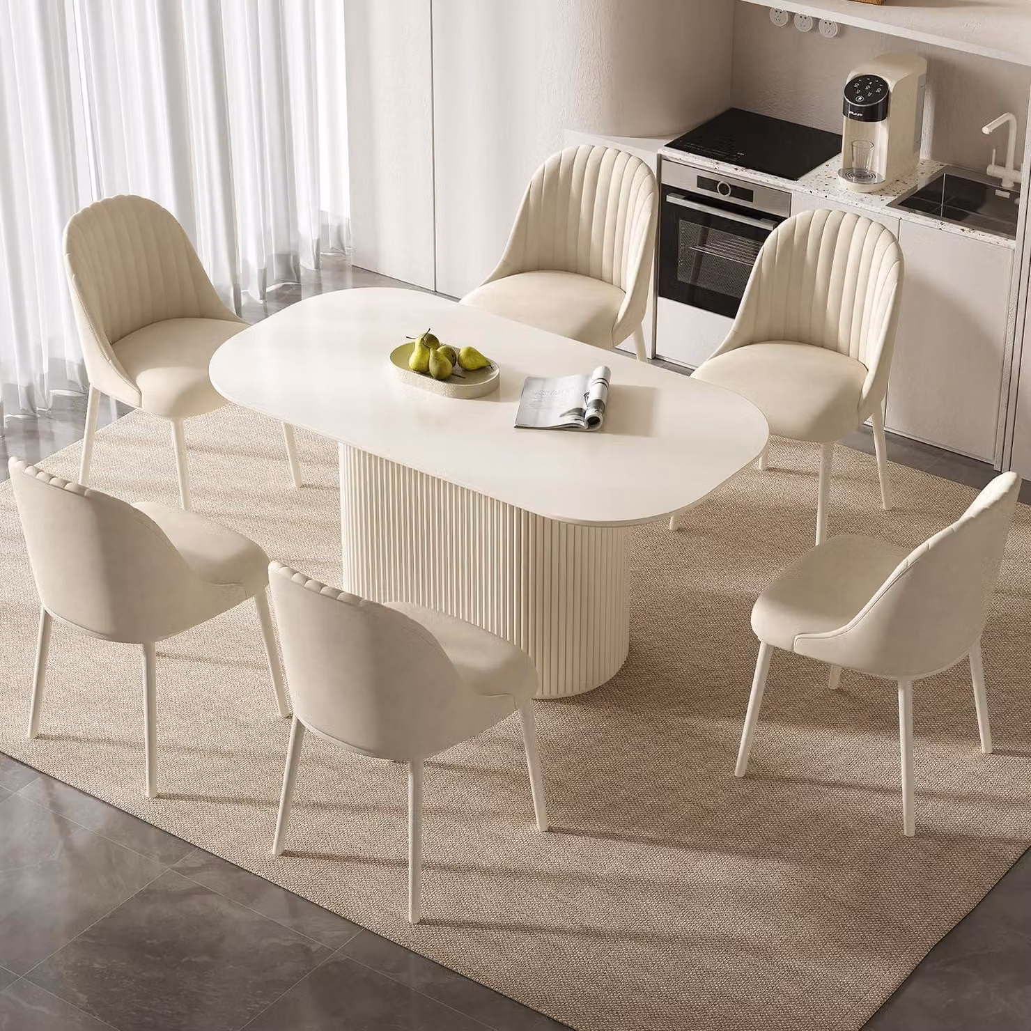 Set tavolo da pranzo con 6 sedie, 160 cm, bianco. Design scandinavo, salvaspazio, facile da pulire