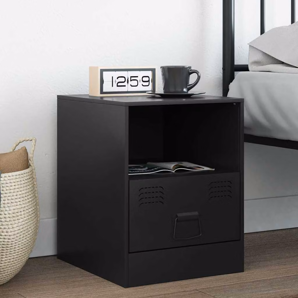 Comodino moderno vidaXL in metallo e MDF nero opaco L: 34,5 cm, P: 39 cm, H: 44 cm