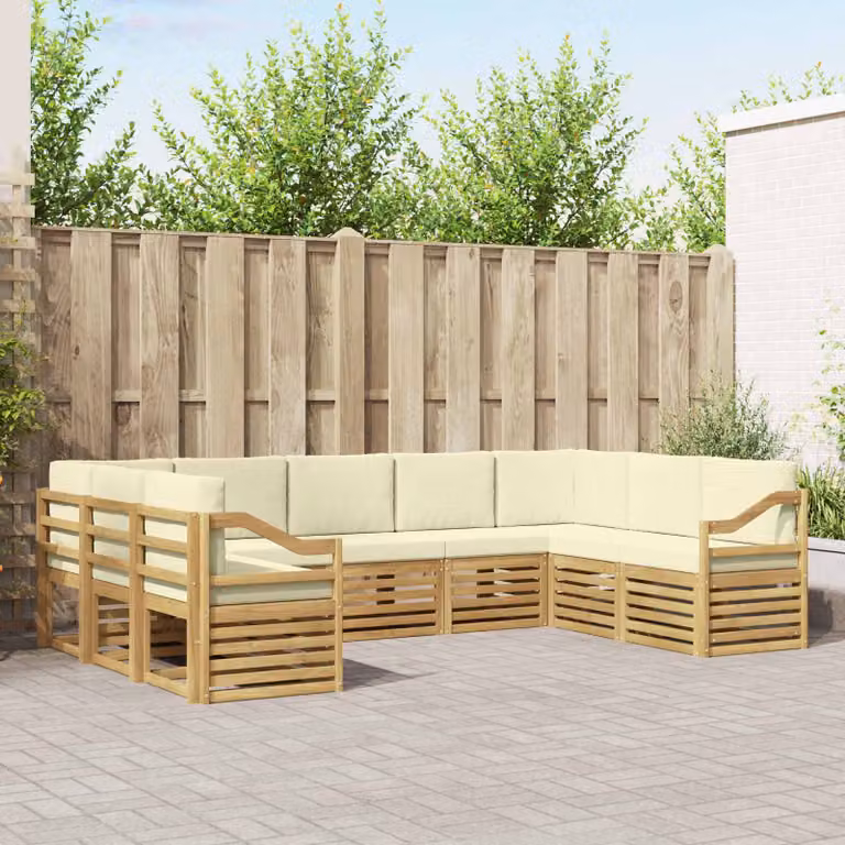 Set di divani da esterno a L vidaXL in legno di acacia con cuscini, Bianco, Beige e Marrone