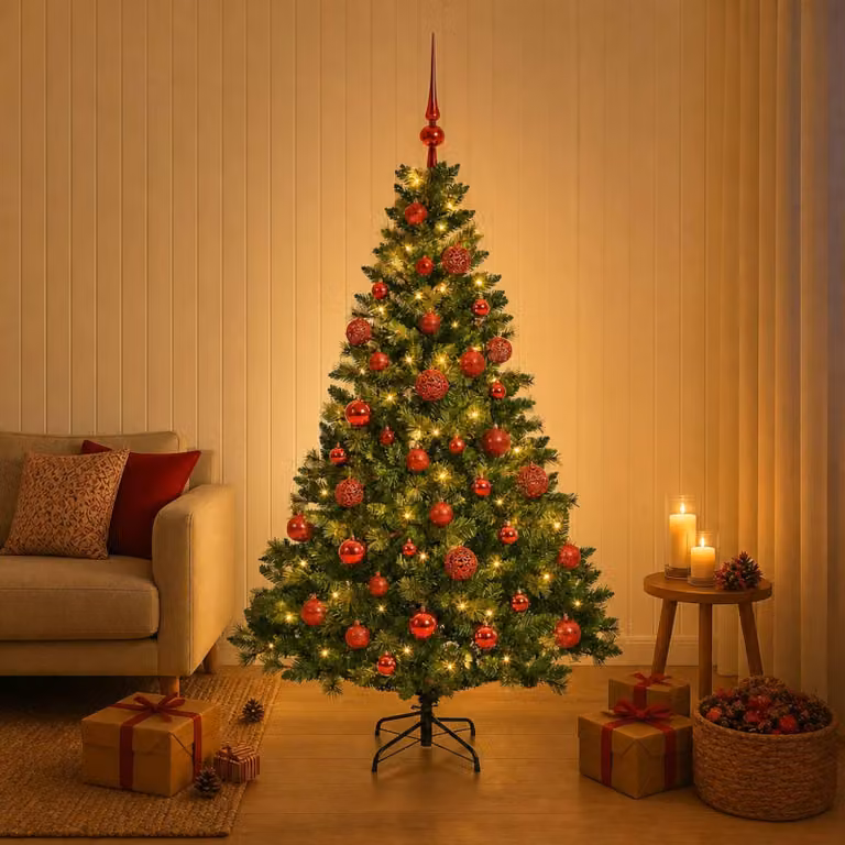 Albero di Natale artificiale con decorazioni a sfera, altezza 150 cm, 150 luci LED