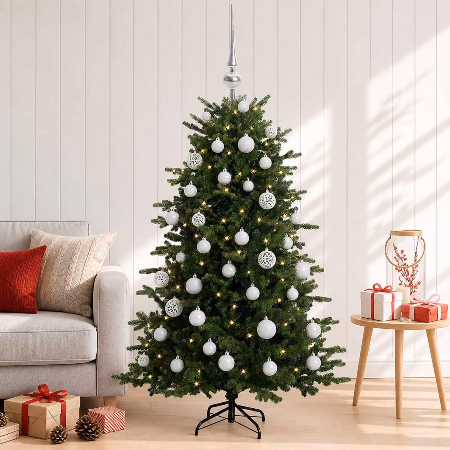 Albero di Natale artificiale con decorazioni a forma di sfera natalizia, altezza 120 cm, con 150 luci a LED