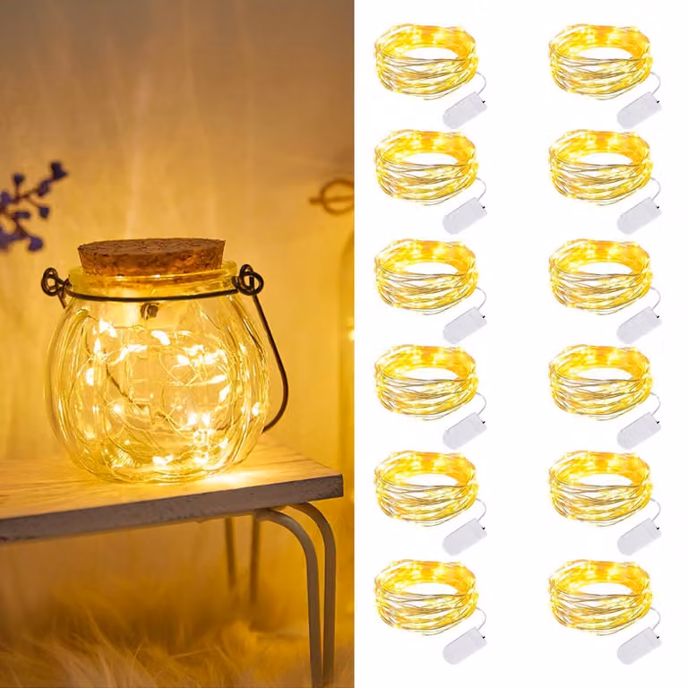 Confezione da 12, catena luminosa a LED da 2 metri, luce bianco caldo, grado di protezione IP65