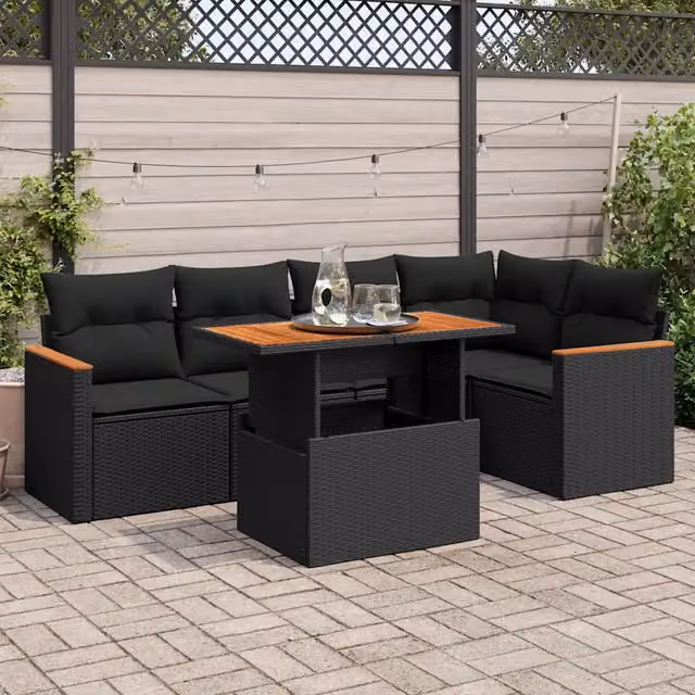 Set Divano da Giardino 6 pz con Cuscini Nero Polyrattan Acacia 3327485