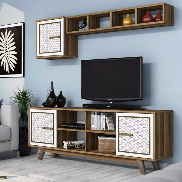 Mobile porta TV Guendalina DMORA, Credenza moderna per soggiorno in legno, L: 160 cm, P: 35 cm, H: 56,2 cm, Noce e Bianco – 1