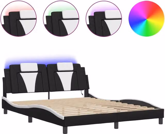 Letto matrimoniale | Letto per adulti | Giroletto Viana con LED senza Materasso Nero e Bianco 160x200 cm