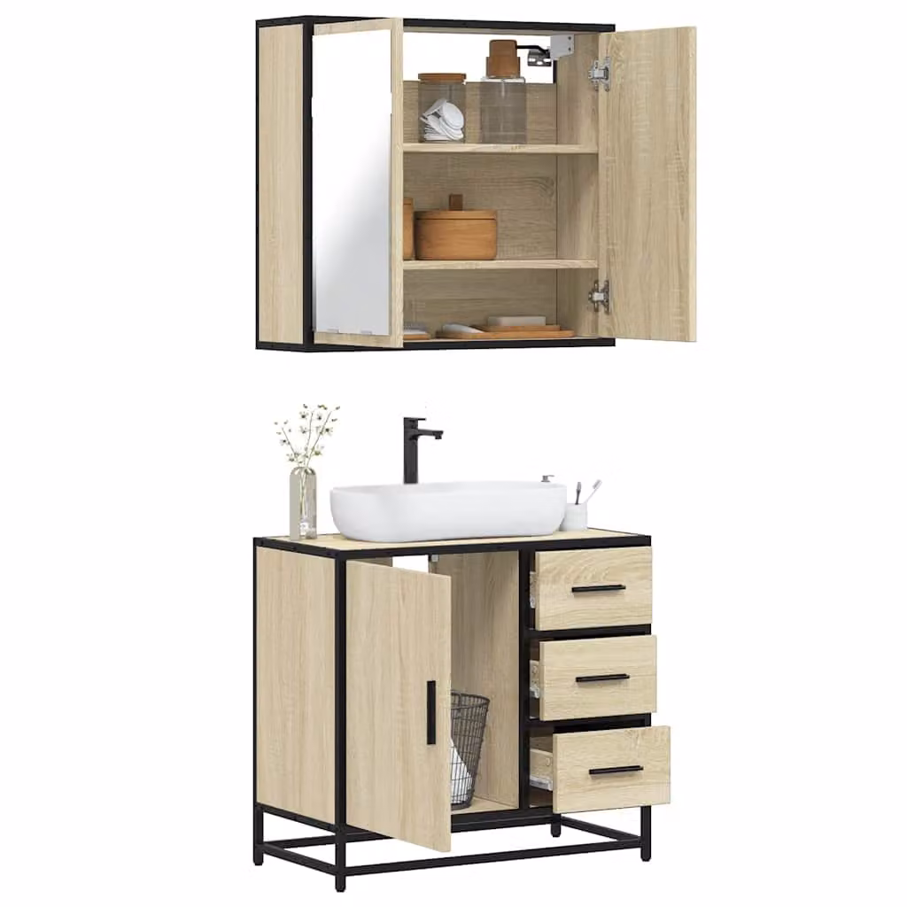 Set di mobili da bagno vidaXL in stile industrial composto da mobile lavabo e armadietto con specchio in legno e metallo marrone L/P/H: 65 x 33 x 60 cm