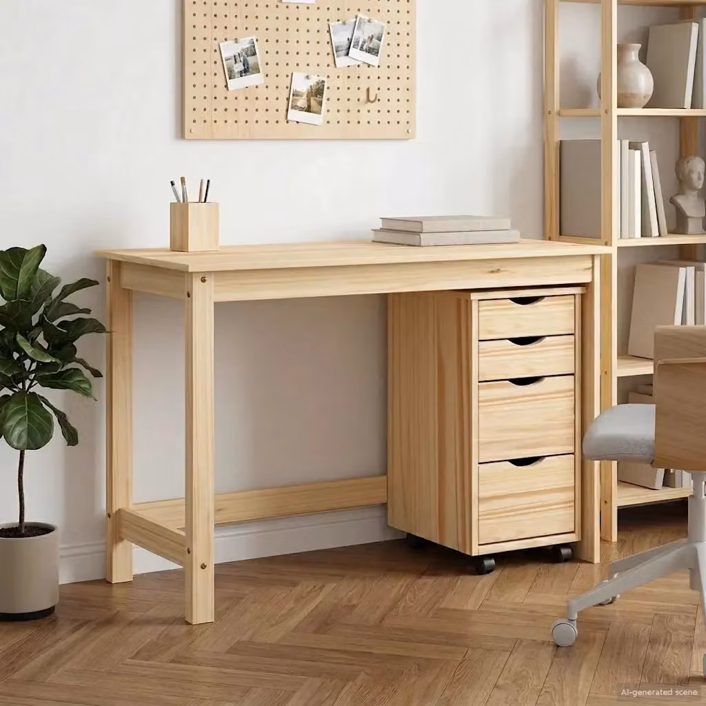 Set Scrivania MOSS composta da Tavolo da Ufficio e Mobiletto su Ruote in Legno, Colore Marrone e Beige – 2