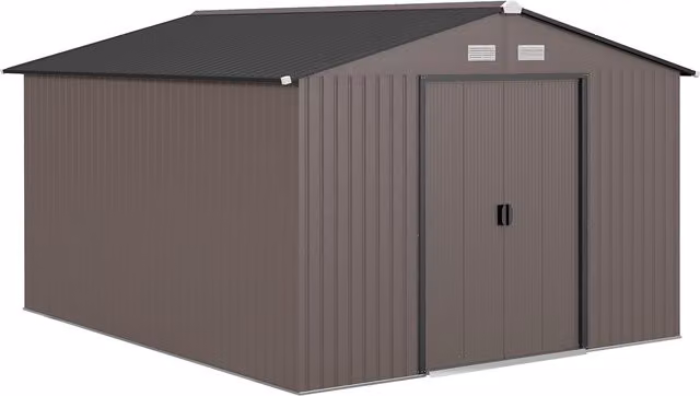 Casetta da Giardino Outsunny in Acciaio con 2 Porte Scorrevoli e 4 Prese d'Aria, Marrone, L: 322 cm, P: 277 cm, H: 192 cm