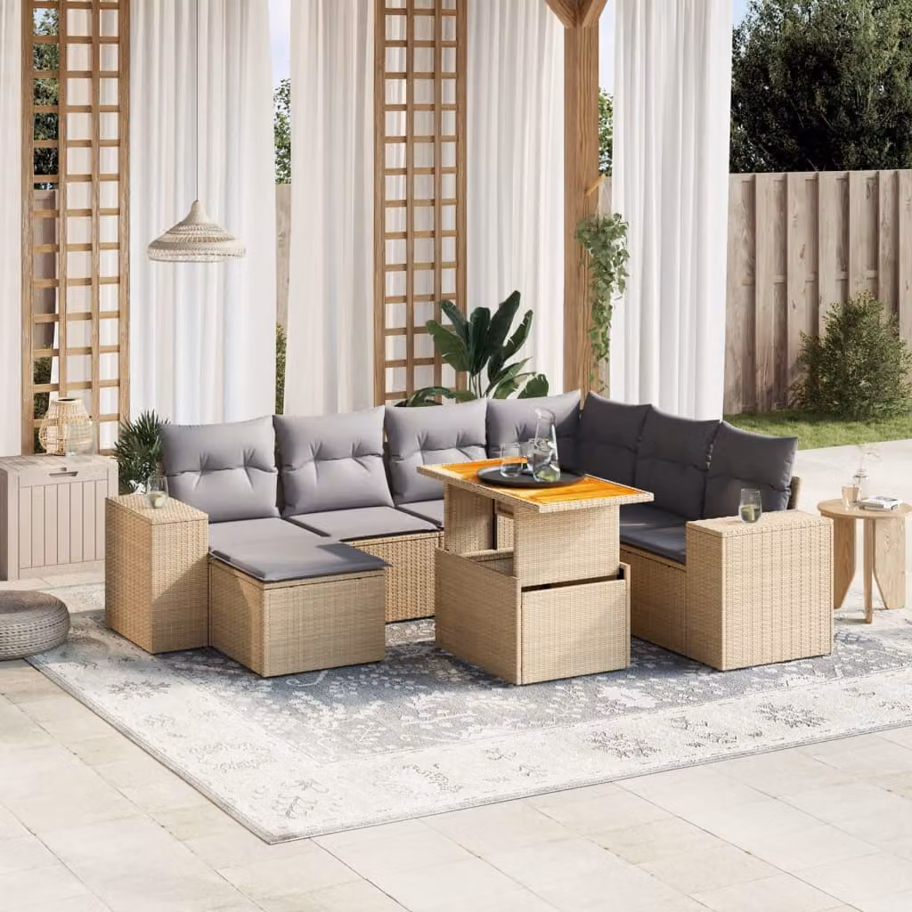 vidaXL Set Divano da Giardino 8 pz a L con Cuscini Beige in Polyrattan e Tavolino da Esterno – 1