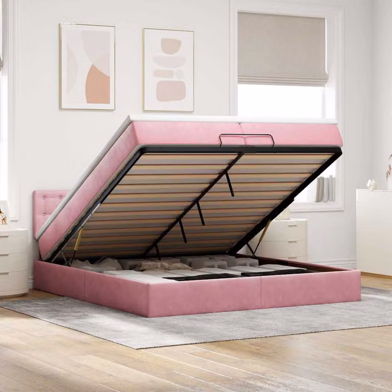 Struttura Letto con Contenitore a Sollevamento vidaXL in Velluto Rosa e Bianco, L: 200 cm, P: 200 cm, H: 88 cm, con Porte USB e Illuminazione Sotto il Letto