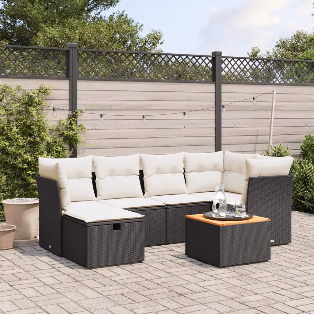 vidaXL Set Divano da Giardino a L con Cuscini 7pz Nero e Bianco con Tavolino e Pouf in Polyrattan e Acciaio – 1