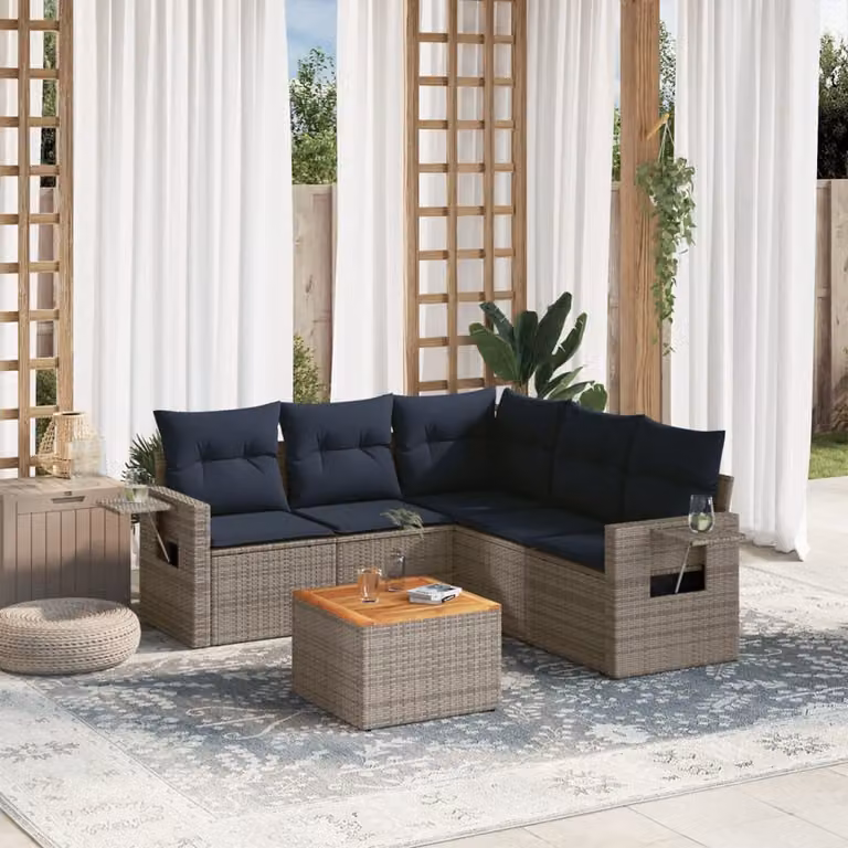 Set da giardino vidaXL in polyrattan grigio con cuscini e tavolino da esterno a forma di L per 6 persone
