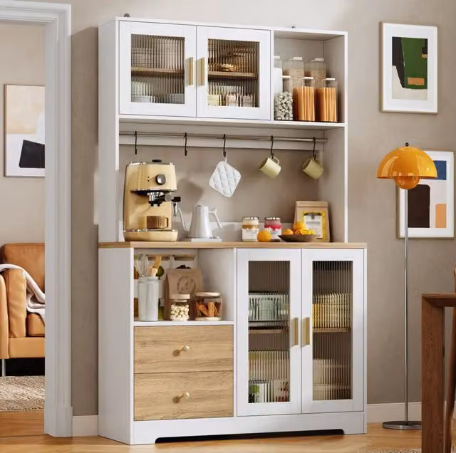 Credenza alta da cucina 178 cm con LED; prese USB; ante in vetro temperato; bianco naturale