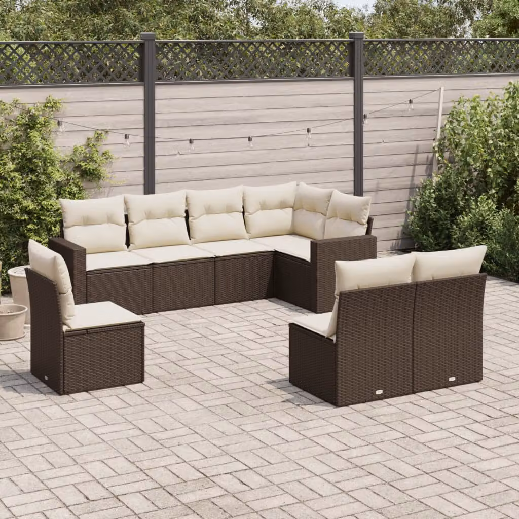 vidaXL Set Divani da Giardino 8 pz a Forma a L con Cuscini Marrone e Bianco in Polyrattan e Acciaio – 1