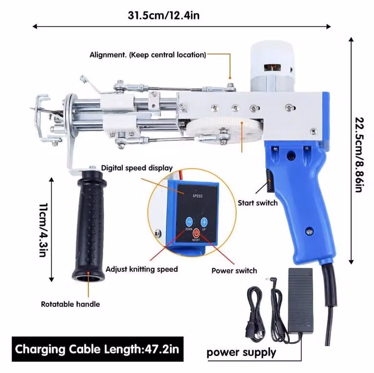 Pistola per la realizzazione di tappeti con tecnica di "tufting" - Elettrica, 2-in-1 (taglio e anello) - Display digitale - Strumento per la creazione di tappeti e rivestimenti fai-da-te - Colore blu
