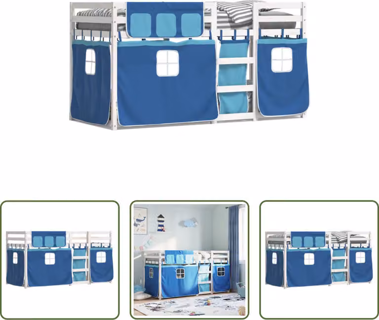 The Living Store Letto a castello con tende blu 80x200 cm in legno di pino massiccio