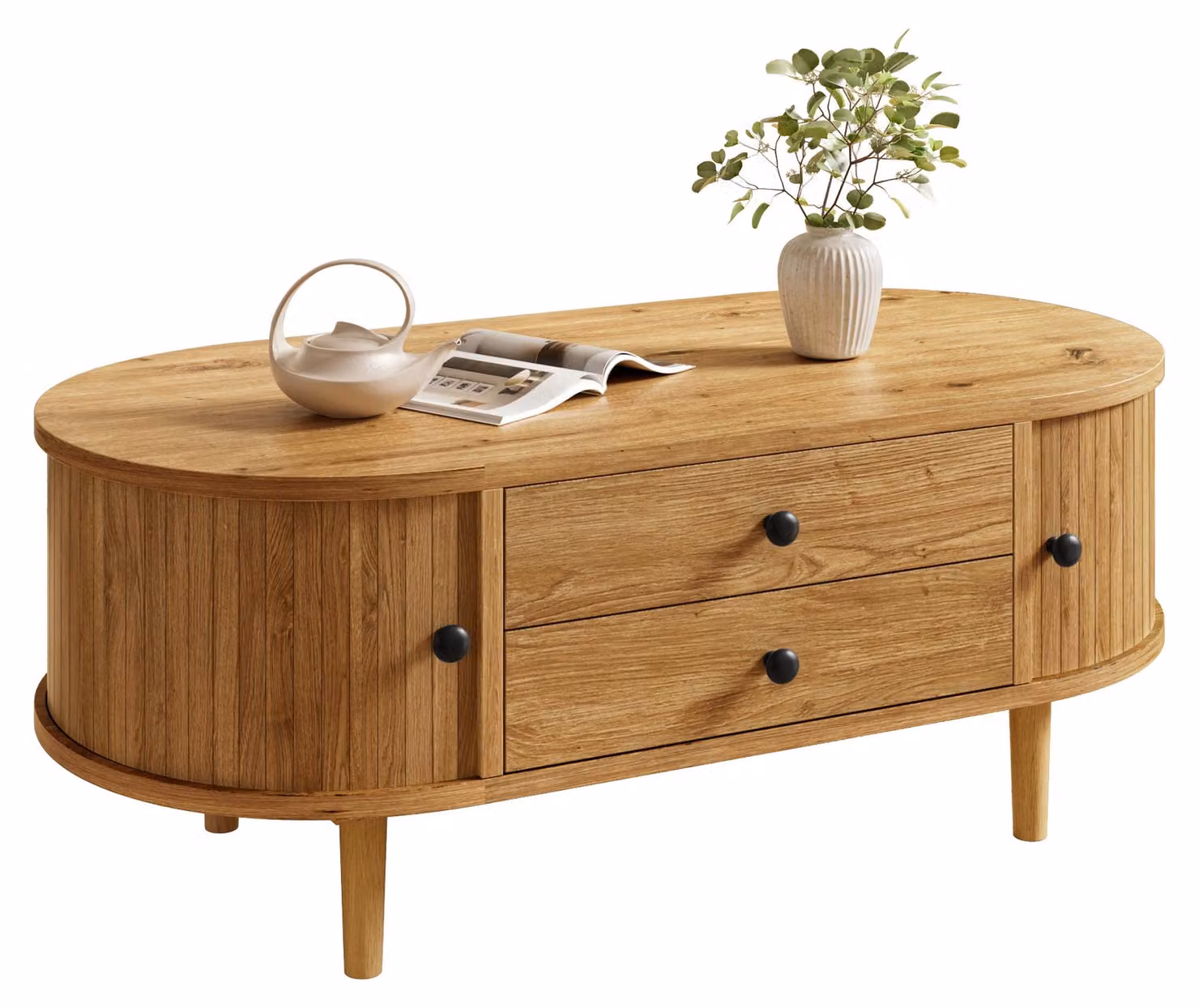 Tavolino Moonbite, effetto legno di quercia, 100 cm, stile retrò. Tavolino ovale per soggiorno, con 2 cassetti e ante scorrevoli. Frontale a listelli, gambe in legno di pino, piano in pannello MDF con finitura effetto quercia