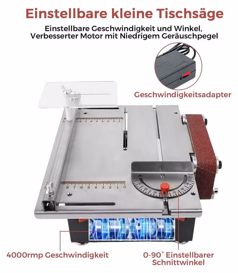 Seghetto da banco multifunzione compatto – Seghetto da banco e levigatrice a nastro 2-in-1 – Motore brushless da 200W – Piano in acciaio inossidabile – Profondità di taglio di 30 mm – Adatto per legno e metallo