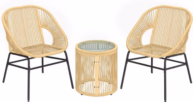 Set da bistrò Outsunny da 3 pezzi in rattan e acciaio con tavolo rotondo in vetro temperato e 2 sedie, beige – 1