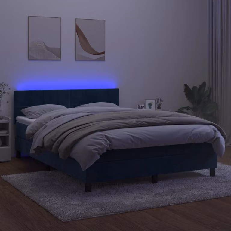 The Living Store Letto a molle con materasso e LED in velluto blu scuro 140x200 cm