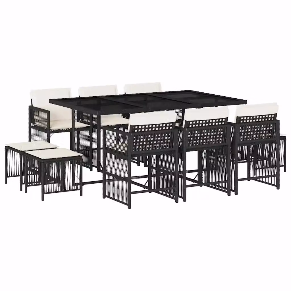 vidaXL Set da Pranzo da Giardino 11 pz in Polyrattan con Piano in Vetro e Cuscini Nero – 2