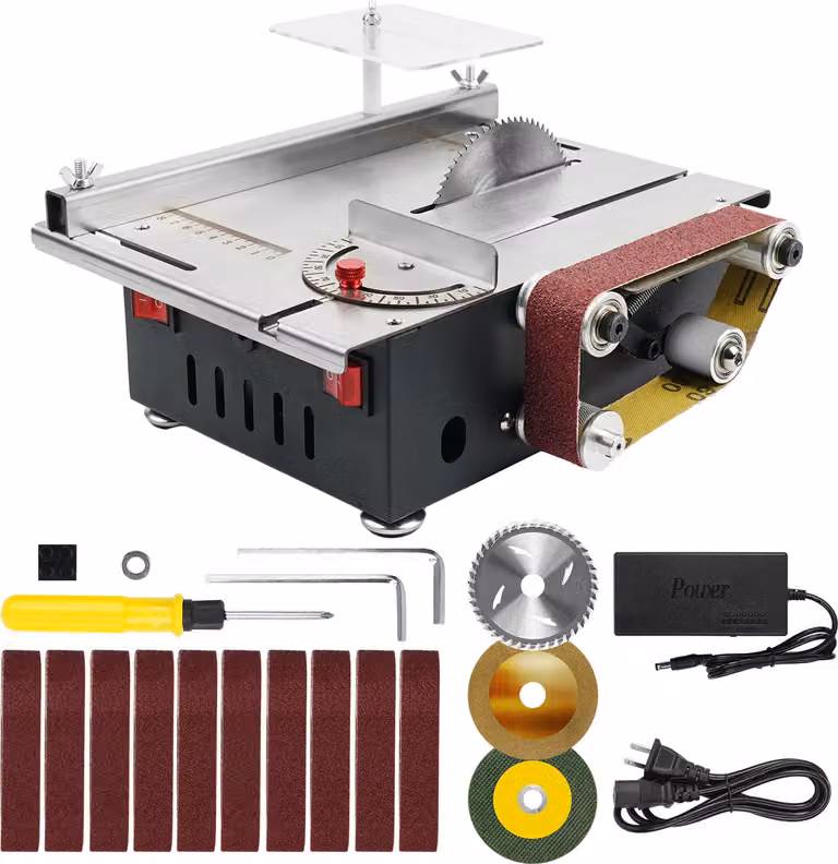 Sega circolare da banco e levigatrice a nastro, potenza motore 8500 giri/min, profondità di taglio 33 mm, kit 1
