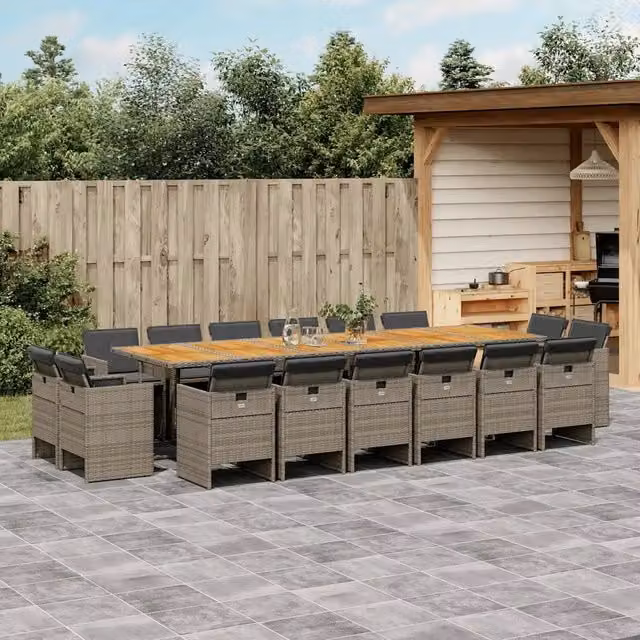 Set da pranzo da giardino vidaXL in polyrattan e legno di acacia con 17 pezzi e cuscini grigi