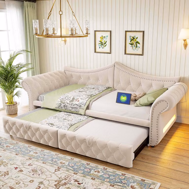 Divano letto Flieks 90x200 cm / 180x200 cm con meccanismo estraibile, divano letto imbottito trasformabile in chaise longue con porta USB, letto per ragazzi con illuminazione, divano letto in velluto, color beige