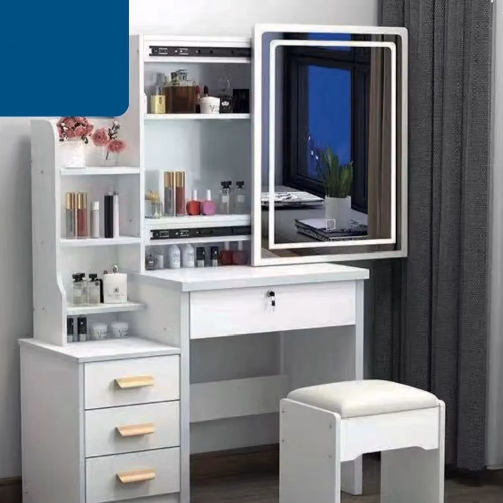 Set Tavolo da Toeletta Trade Shop Traesio con Specchio LED Hollywood e Sgabello con Cassetti, Bianco – 2