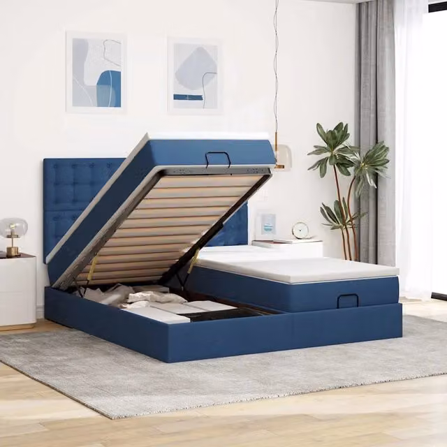 Struttura Letto Pouf con Materassi Blu 160x200 cm in Tessuto 3313733