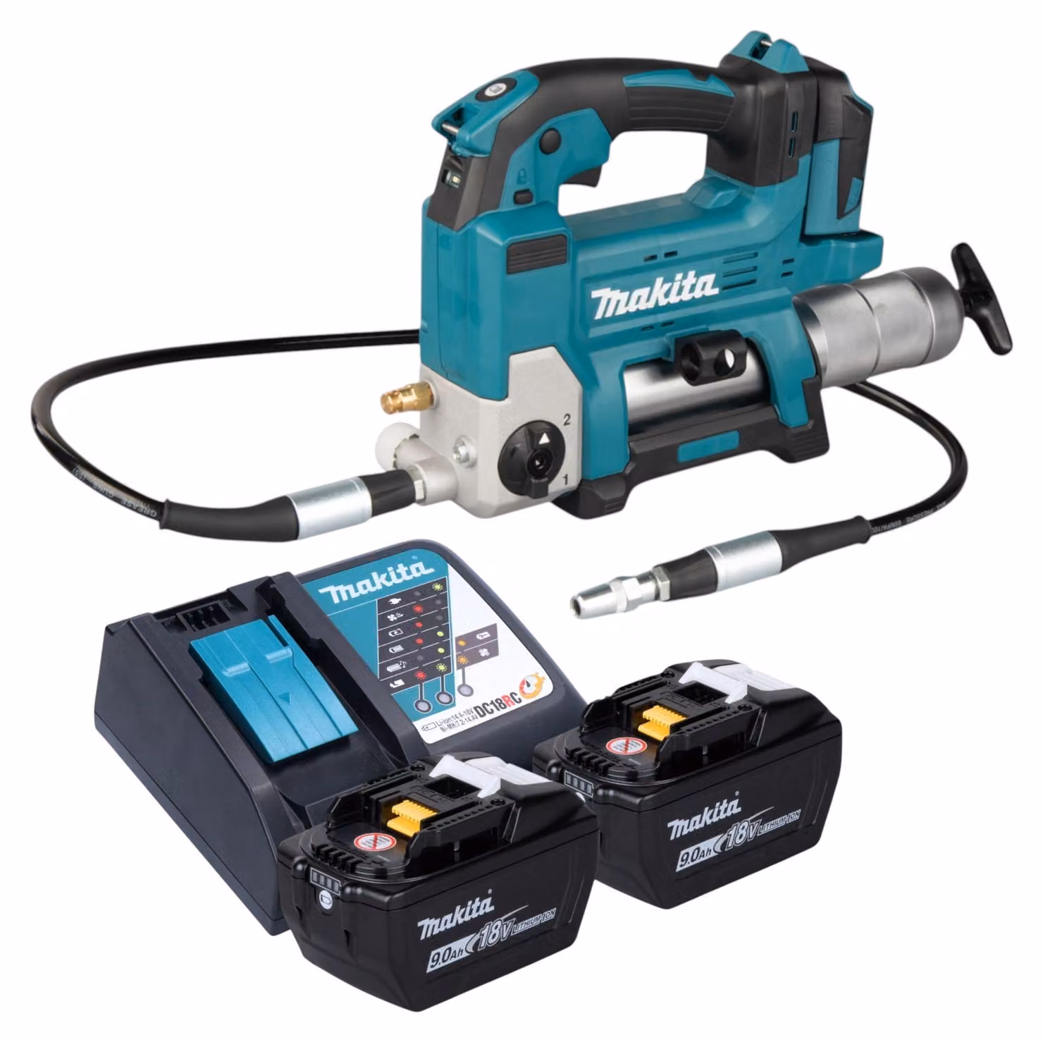 Makita DGP 180 Z Pompa a batteria 18 V 690 bar + 2 batterie da 9,0 Ah + caricabatterie