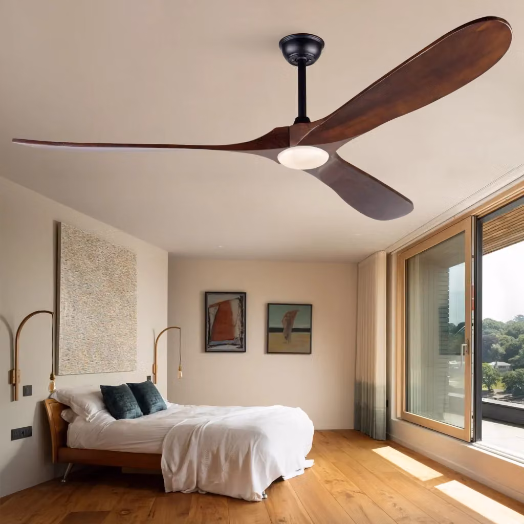 Ventilatore da soffitto con illuminazione LED e telecomando, 3 pale in legno massello marrone, motore DC silenzioso con 6 velocità e timer, dimmerabile 3CCT, diametro 177.8 cm – 2