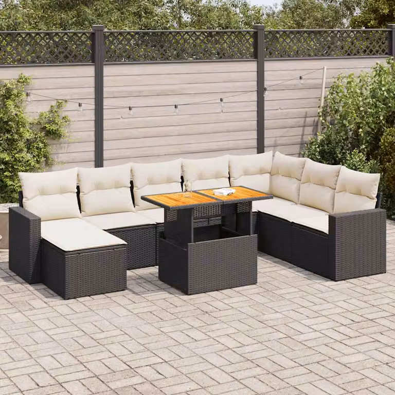 Set di divani da giardino vidaXL in polyrattan e legno di acacia oliato con cuscini, 9 pezzi, nero e bianco