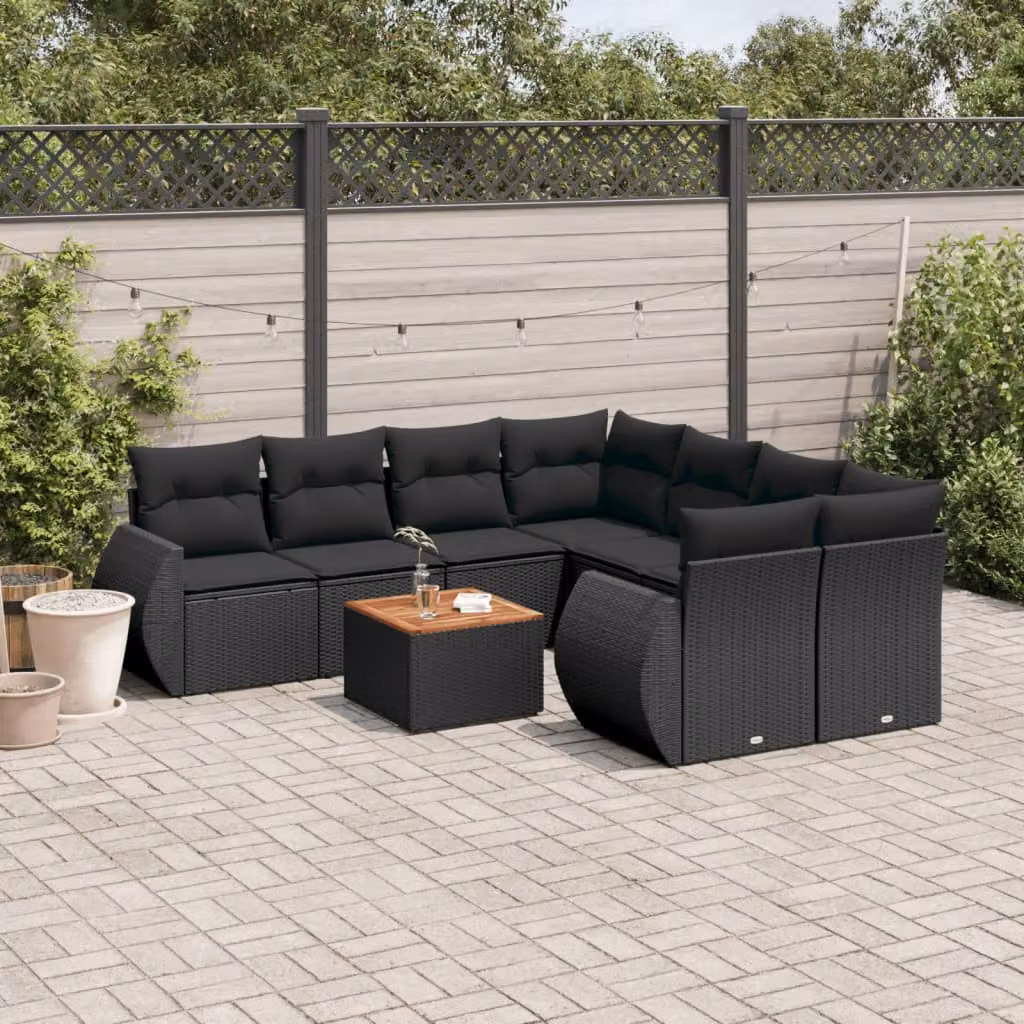 Set di Divani da Giardino vidaXL 9 pz in Polyrattan Nero con Cuscini e Tavolino da Esterno a Forma di L – 1