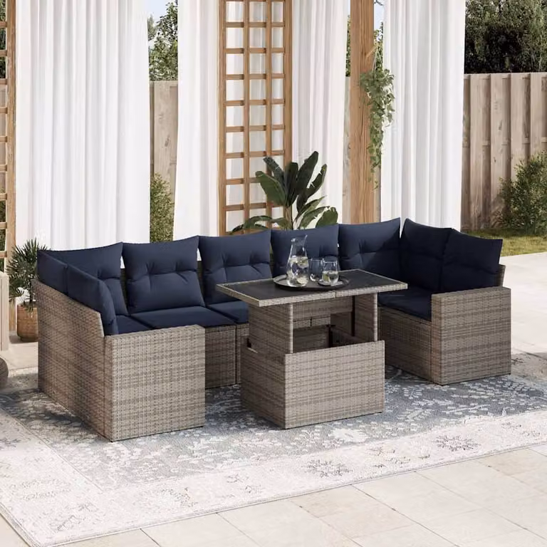 Set Divano da Giardino a L vidaXL in Polyrattan e Legno di Acacia con 8 Pezzi, Cuscini Blu e Grigio e Tavolino da Esterno