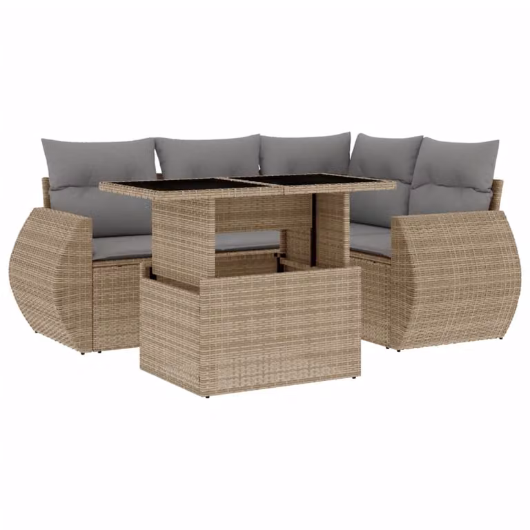 Set Divano da Giardino 5 pz con Cuscini Beige in Polyrattan
