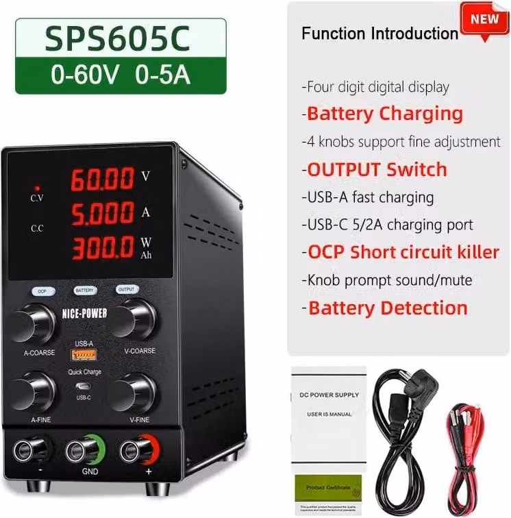 Alimentatore DC, regolabile 0-30V, corrente massima 10A, caricatore 60V5A, spina 220V EU