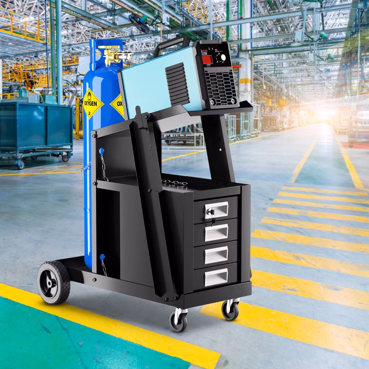 Carrello porta saldatrice Costway in metallo nero con 4 cassetti e ruote per trasporto bombola – 3
