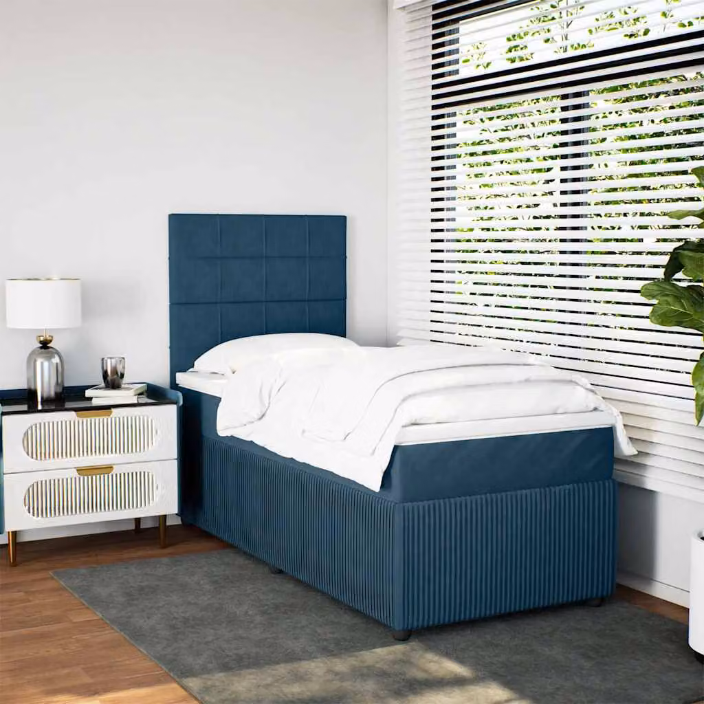 vidaXL Letto Ibrido con Materasso in Velluto Blu e Bianco, L/P/H: 90 x 190 cm – 1