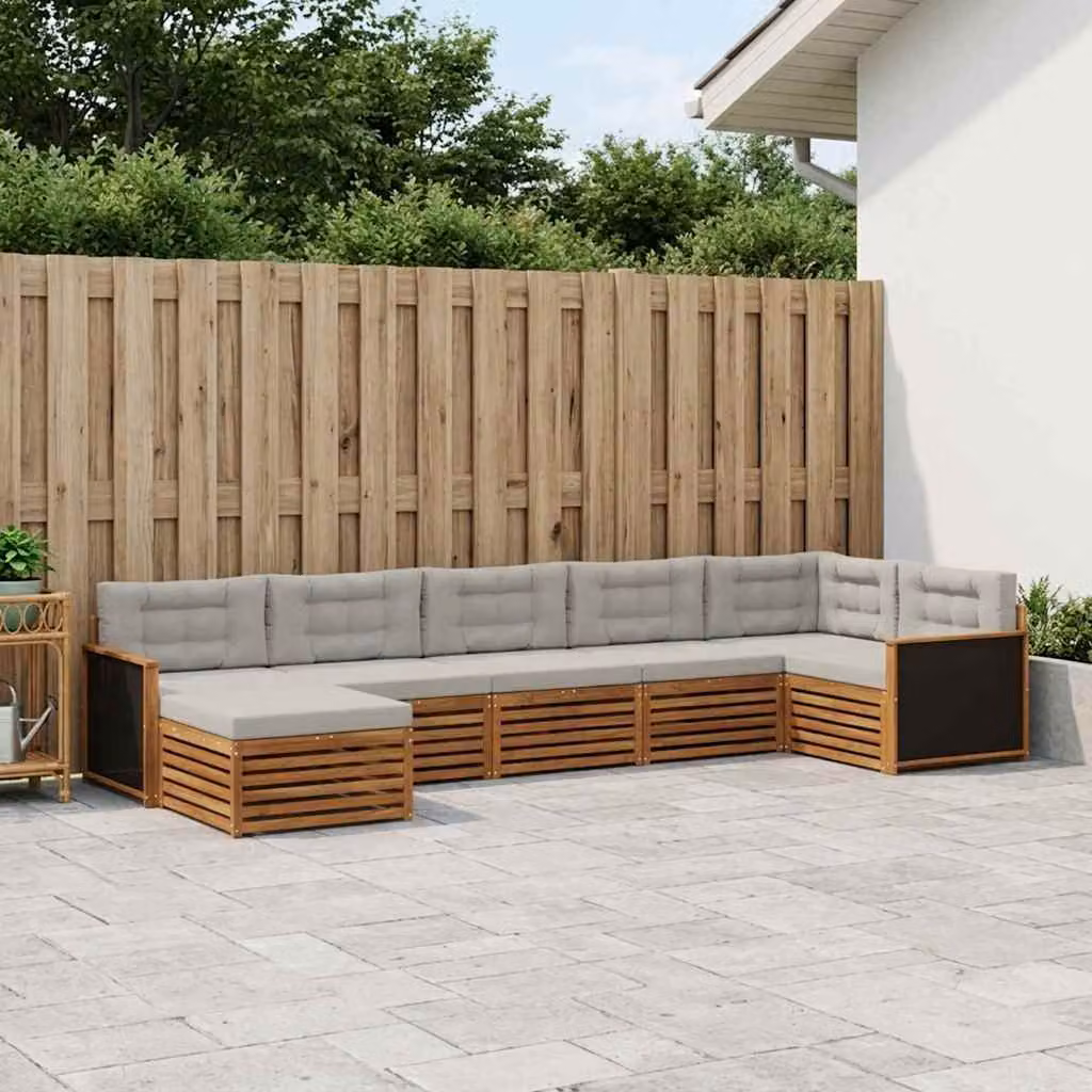 Set di divani da esterno vidaXL a forma di L in legno di acacia con pouf e cuscini, 7 pezzi, Beige, Grigio e Marrone