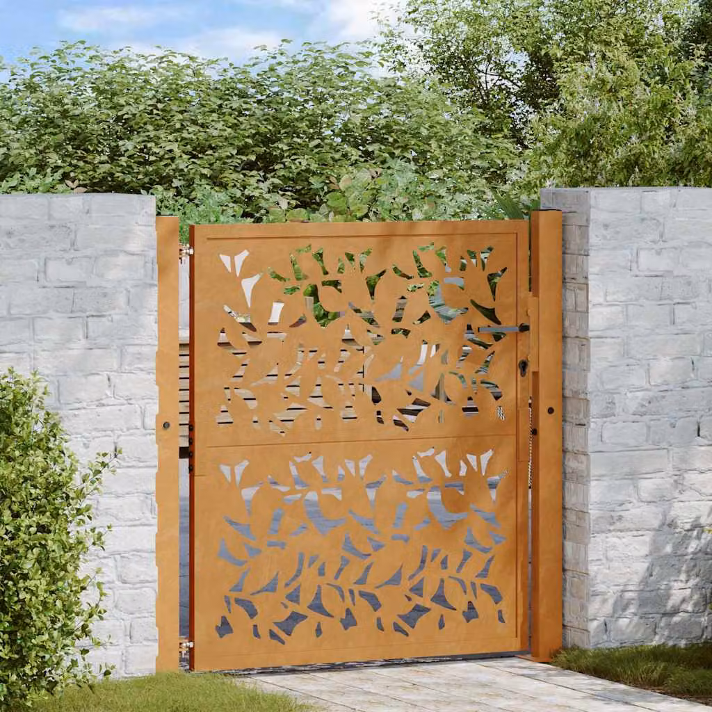 Cancello da giardino singolo vidaXL in acciaio corten marrone con design a foglia L: 105 cm, H: 110 cm