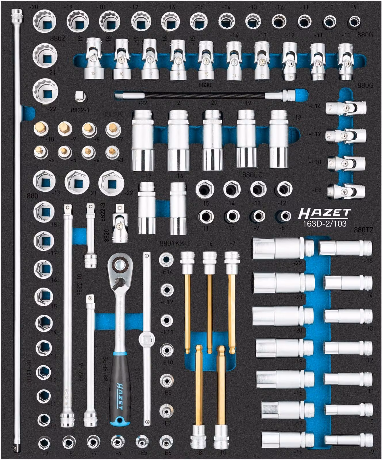 Set di chiavi a bussola 163D-2/103, 3/8 pollici (10 mm) quadrato cavo, 1/2 pollice (12,5 mm) quadrato cavo, profilo esagonale esterno Traction, profilo TORX esterno, profilo esagonale interno, 103 pezzi, 322 E5E14