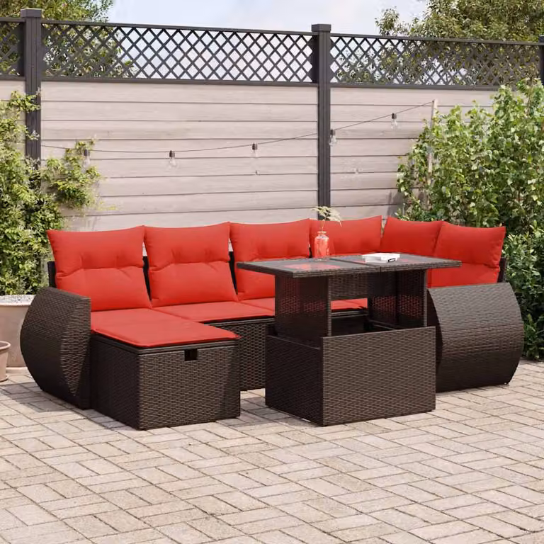 Set Divani da Giardino vidaXL in Polyrattan Marrone con 7 Pezzi e Cuscini Inclusi