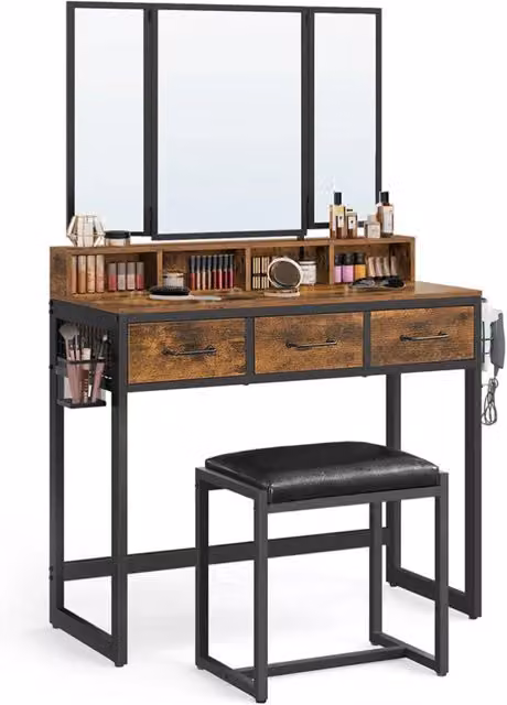 Set da toeletta 90 x 40 x 141 cm con sgabello imbottito specchio triplo 3 cassetti portaphon e contenitore portaoggetti stile industriale marrone 12_0005417