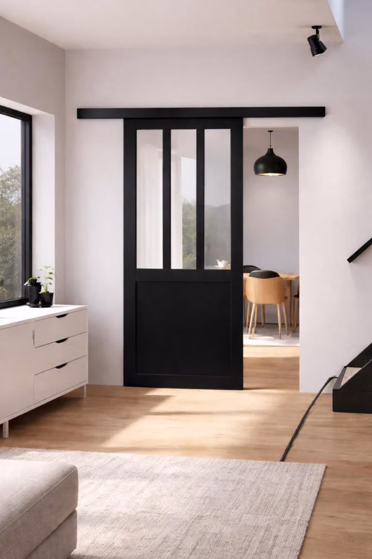 Porta scorrevole da officina nera con vetro H204 x L83 cm, binario in alluminio nero, GD MENUISERIES