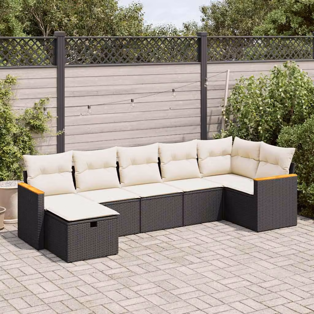Set Divano da Giardino a L vidaXL in Polyrattan Nero con 7 Cuscini Imbottiti e Ottoman