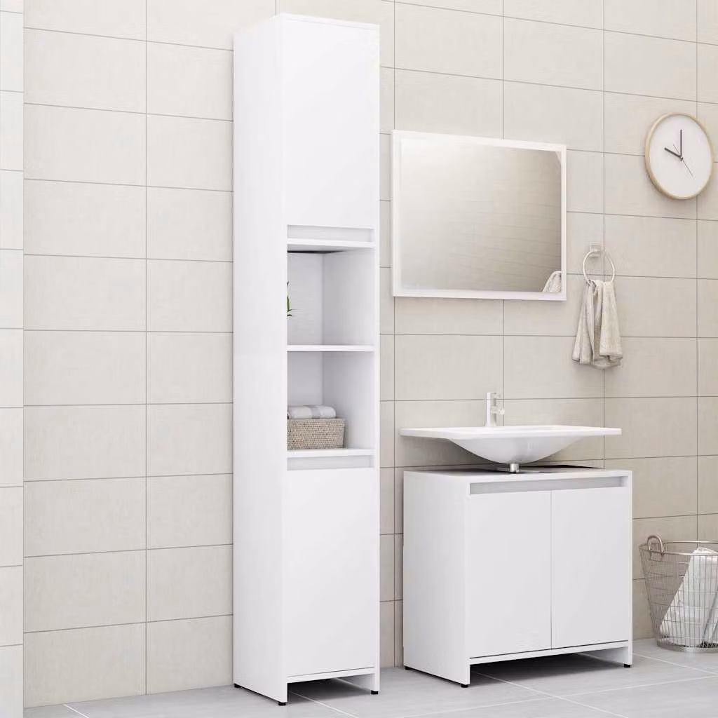 Set di mobili da bagno vidaXL 3 pezzi bianco in MDF con armadietto alto, mobile lavabo e specchiera