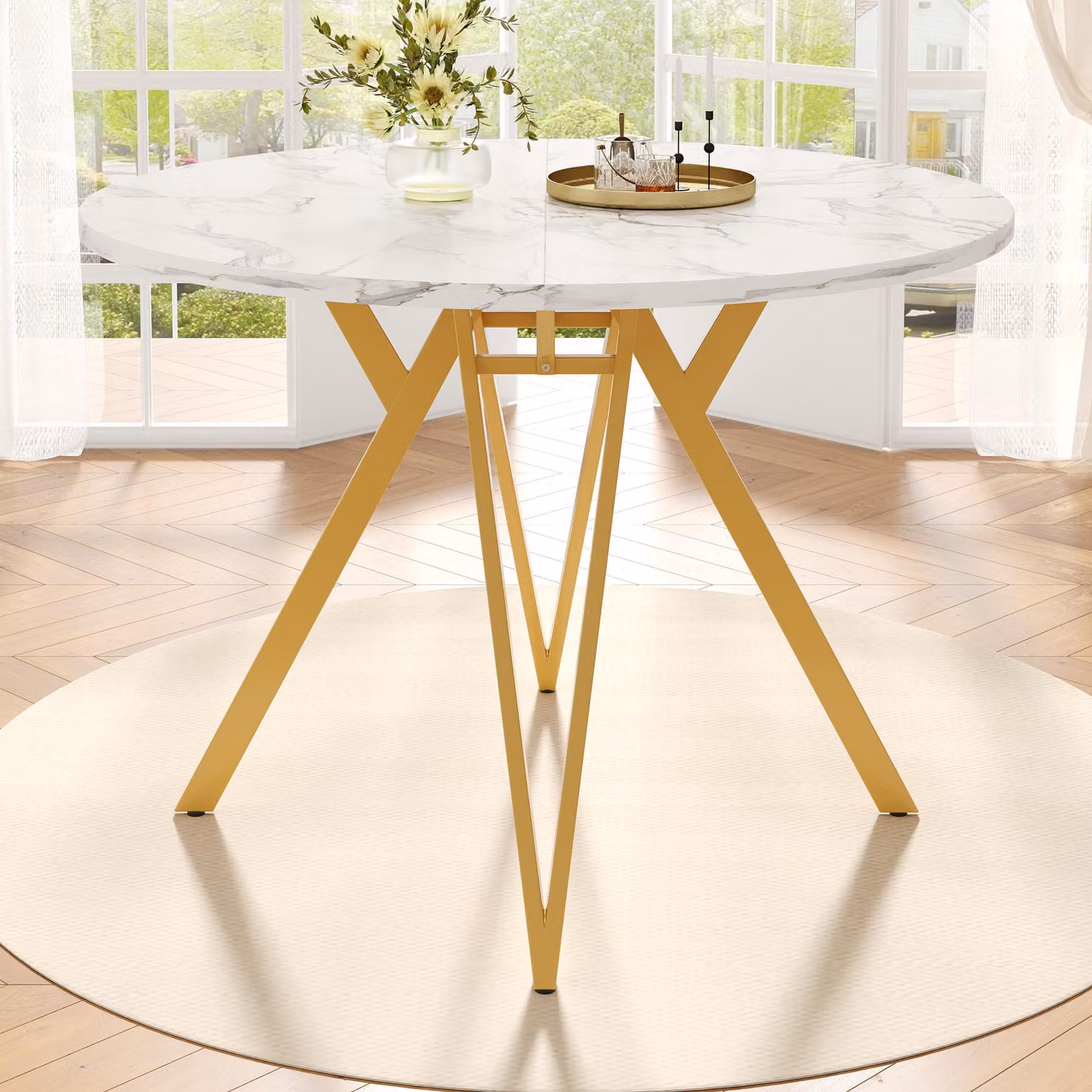 MODFU Tavolo da pranzo rotondo con gambe regolabili, 100×100×76 cm, tavolo da soggiorno con gambe in metallo, tavolo per 4 persone, oro