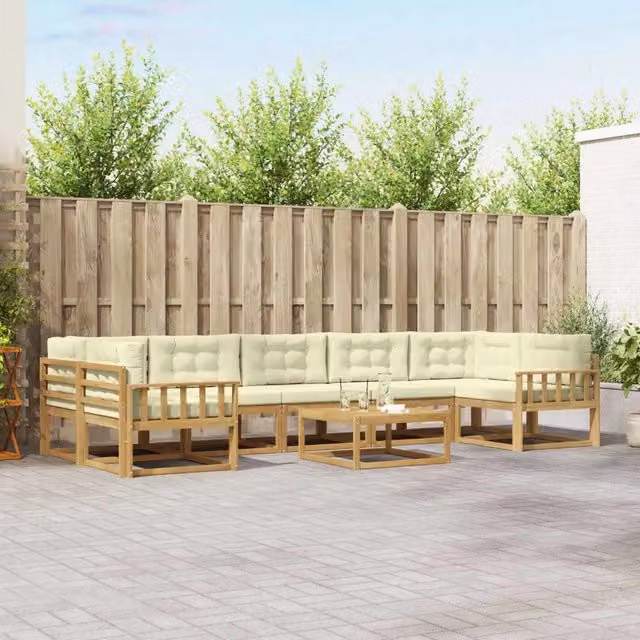 Set di mobili da giardino vidaXL in legno di acacia con divani, elementi angolari, tavolino da caffè e cuscini, Bianco e Beige